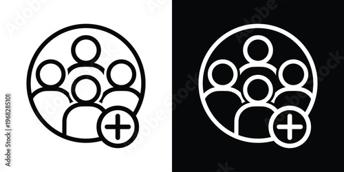 Add team icon. Group of people with a plus symbol. Representation for hiring new staff, expanding a community, or creating a group. Black and white vector.