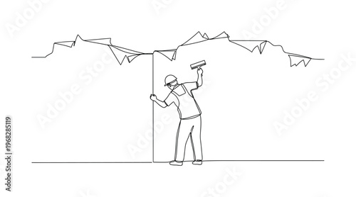 Renovation Work. Minimalistic one-line drawing person scraping wall with wallpaper partially removed, continuous single black line on white background, simple