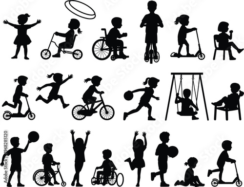 Large collection of black silhouettes featuring active children playing outdoors with diverse equipment including bicycles scooters swings hula hoops and wheelchairs for inclusive family concepts.