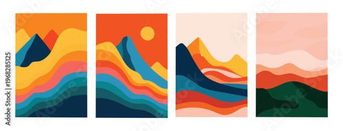 Set of four abstract landscape posters with colorful mountain layers
