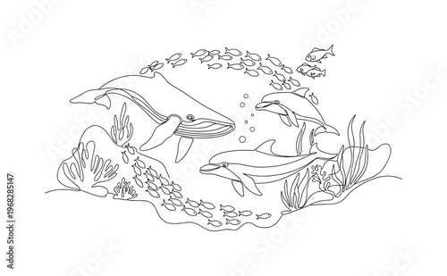 Aquatic Wildlife. Minimalistic one-line drawing sea creatures interacting in underwater environment, continuous single black line on white background, simple