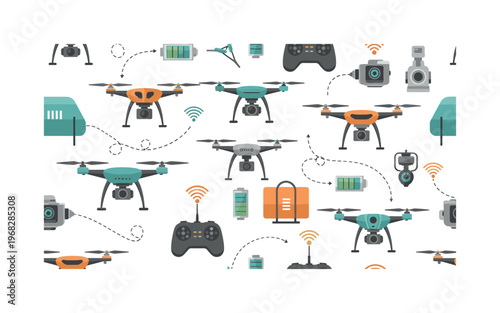 drone network seamless pattern, repeating pattern, surface design, textile print, modern illustration of quadcopters, camera drones, delivery drones,