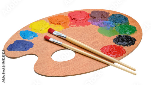 Bilde på lerret Wooden artist s palette displaying vibrant blobs of red blue yellow green and bl