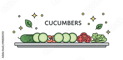 Cucumbers salad bar scene where cucumber slices are arranged with other vegetables while small sparkle and leaf icons emphasize freshness, nutrition, and