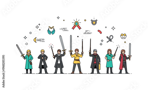 Group cosplay prop showcase scene where cosplayers display swords, wands, and accessories while small sparkle and line icons highlight creativity, attention to