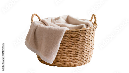 Rustic woven wicker laundry basket filled with fluffy beige towels, isolated on transparent background for spa and home decor concepts