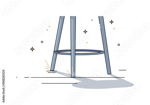 Bar stool leg minimal furniture detail scene where a single leg is highlighted with floor shadows while tiny sparkle and star icons emphasize craftsmanship,