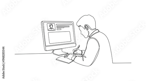 Digital Lecture. Minimalistic one-line drawing person taking notes with video lecture on monitor, continuous single black line on white background, simple
