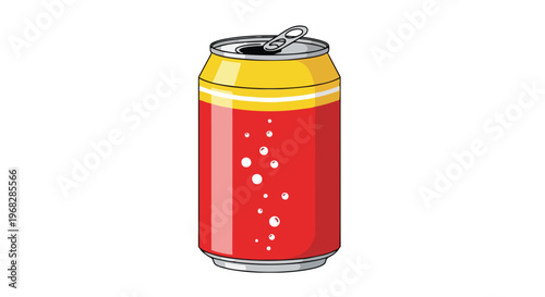 Illustration of a refreshing red and yellow soda can with bubbles, ideal for beverage advertising and design concepts, showcasing a vibrant and