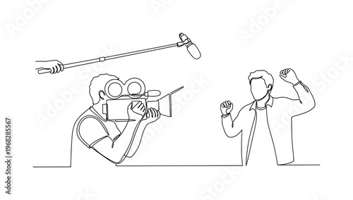 Shooting Scene. Minimalistic one-line drawing camera operator recording actor with microphone, continuous single black line on white background, simple outline