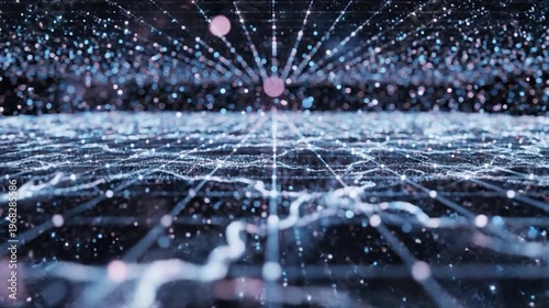 Abstract digital network of glowing particles and light trails creating a sense of depth and connectivity in a futuristic cyberspace