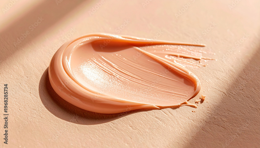 Fototapeta premium A creamy peach-toned cosmetic product swatch on a light background with subtle shadows.