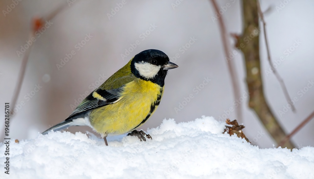 Obraz premium A bright bird, yellow and black, rests on a snow-covered branch. Branches are blurred in the background