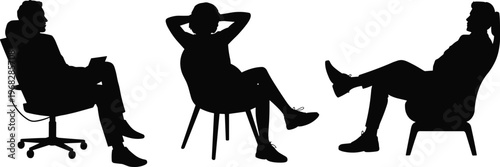 Set of black silhouettes featuring people relaxing in various office and lounge chairs in comfortable sitting poses for professional lifestyle and wellness concepts.
