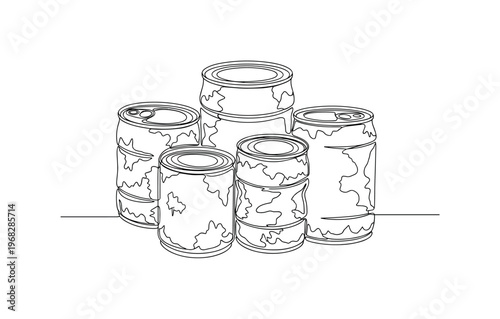 Weathered Cans. Minimalistic one-line drawing old cans with visible corrosion and wear, continuous single black line on white background, simple outline style,