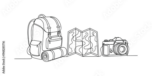 Journey Remembrance. Minimalistic one-line drawing backpack, map, and camera depicting travel memory, continuous single black line on white background, simple