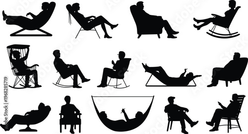 Large collection of black silhouettes featuring various people relaxing in different furniture including rocking chairs armchairs hammocks and loungers for lifestyle and wellness concepts.