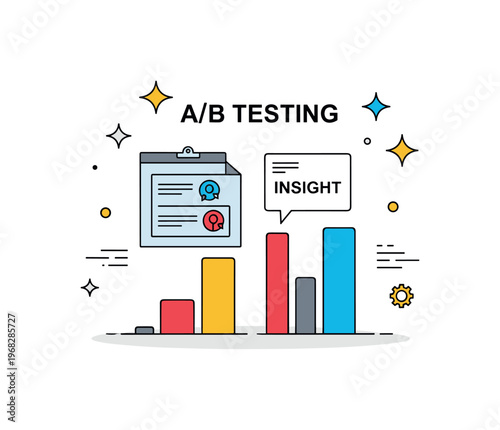A/B testing chart marketing split test concept where two ad visuals are evaluated while small sparkle and line icons emphasize effectiveness, measurement, and