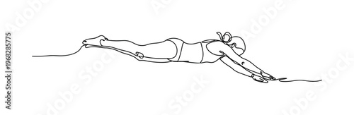 Ambition Plunge. Minimalistic one-line drawing individual mid-air above water in diving motion, continuous single black line on white background, simple