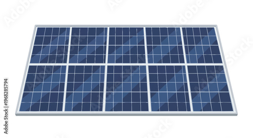 Modern photovoltaic solar panel with segmented blue cells and a silver frame, isolated on a clean white background, showcasing renewable energy