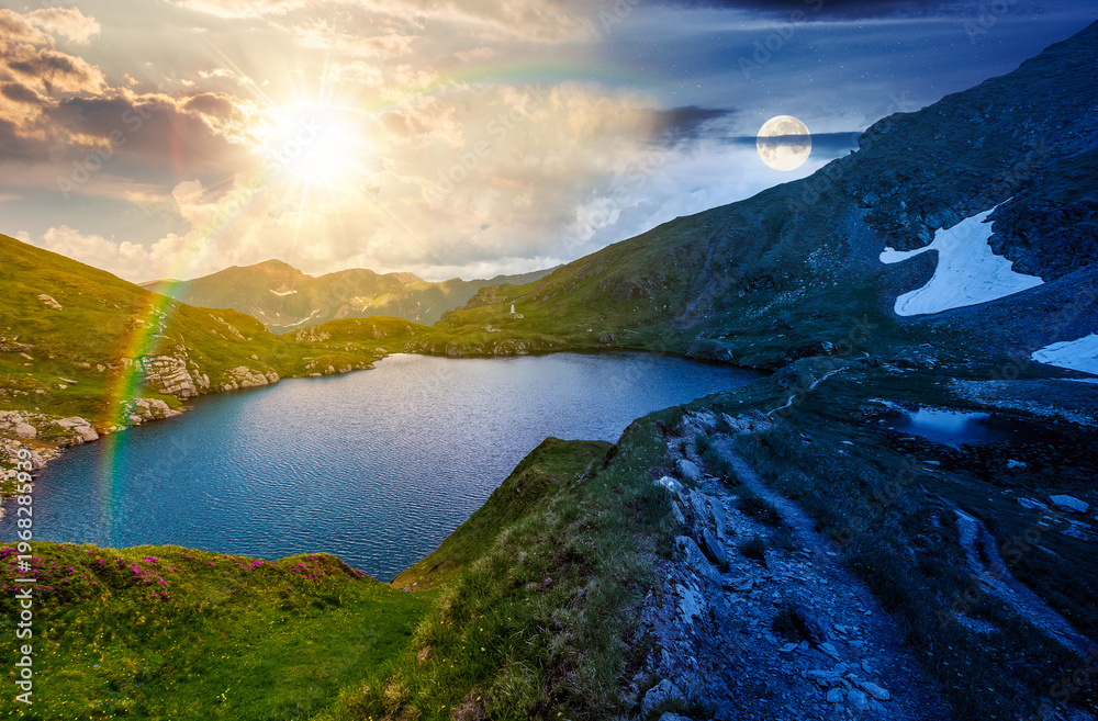 Fototapeta premium gorgeous summer solstice on capra lake. day meet night. sun and moon over breathtaking view of transylvaia alps in romania. composite background image for astrology wallpaper concept
