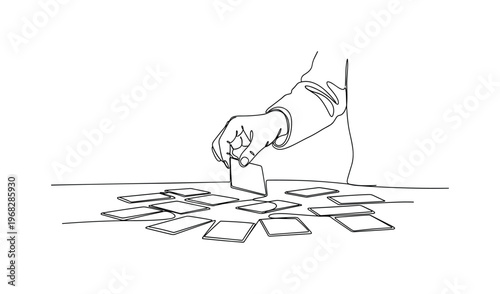 Card Play. Minimalistic one-line drawing individual placing card on table with other cards, continuous single black line on white background, simple outline