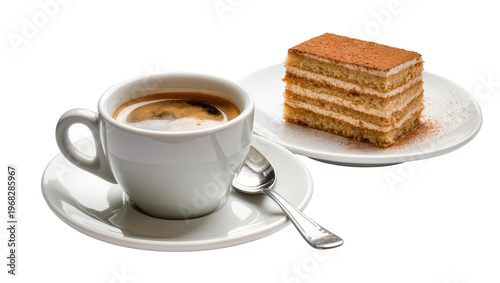 Obraz na płótnie Stacked honey cake with powdered sugar, next to a steaming cup of dark coffee is
