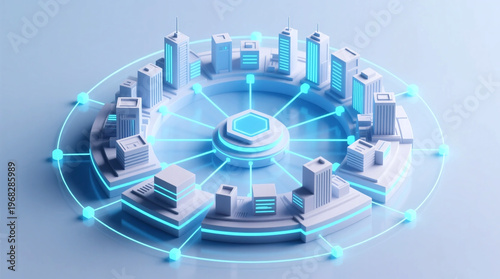 Conceptual illustration of smart city network demonstrating urban mobility solutions via connected data flow and centralized infrastructure for intelligent transport