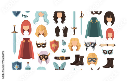 roleplay icons seamless pattern, repeating pattern, surface design, textile print, modern illustration of wigs, swords, shields, masks, gloves, boots, capes,