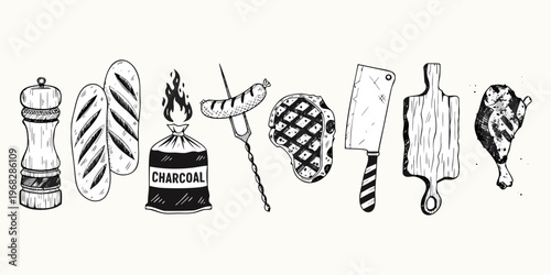 Hand drawn vector illustration set featuring a cartoon hot dog and hot chili pepper sketch icons in black art style for fashion design symbols.