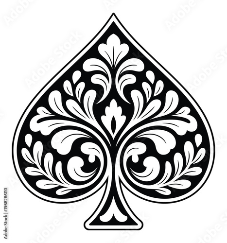 Decorative Ace of Spades flourish design, featuring an ornate spade symbol with elegant curves and intricate detailing, crafted in a refined vector style suitable for playing cards, tattoos, luxury