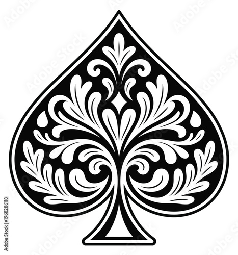 Decorative Ace of Spades flourish illustration showcasing a stylized spade icon with decorative swirls and ornamental accents, designed in a high-quality vector format ideal for card designs, logos,