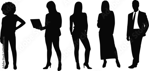 Group of professional business people silhouettes featuring diverse women and a man in formal office attire standing in various poses with a laptop.