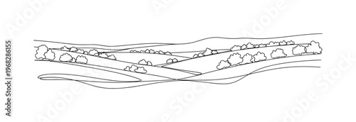 Antique Tone Drawing. Minimalistic one-line drawing trees and hills with sepia suggestion, continuous single black line on white background, simple outline