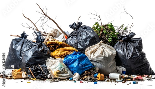 A large, mixed pile of waste bags, including black, blue, and white ones, with scattered debris. Several twigs and branches poke out