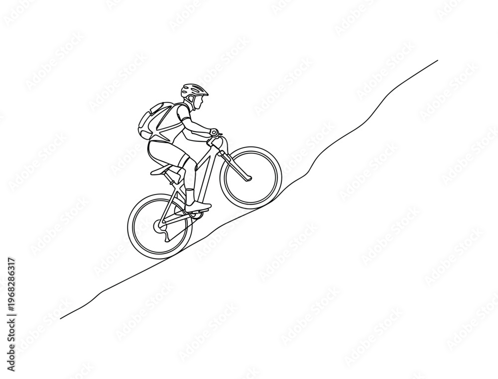 Fototapeta premium Mountain Biking. Minimalistic one-line drawing cyclist on rugged terrain with bike angled on hill, continuous single black line on white background, simple
