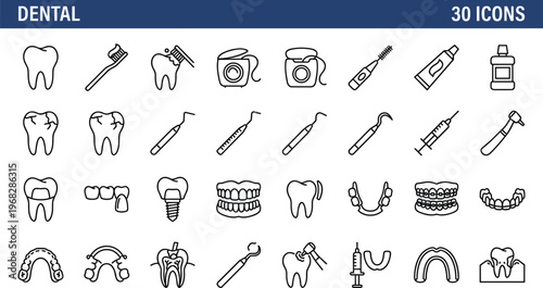 Comprehensive dental care vector icon set featuring professional stomatology tools teeth hygiene braces implants and oral health equipment.
