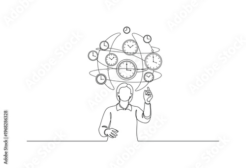 Temporal Sphere. Minimalistic one-line drawing person with clocks hovering at different heights, continuous single black line on white background, simple