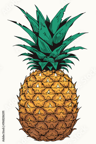 A fresh ripe tropical pineapple fruit isolated on a white background, featuring juicy yellow flesh and green leaves as a healthy, exotic, and sweet raw food object.