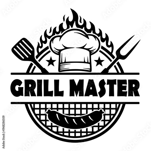 Vintage Style Grill Master Barbecue Emblem Featuring Chef Hat, Crossed Spatula And Fork, Hot Flames And Sausage On Grilling Grate