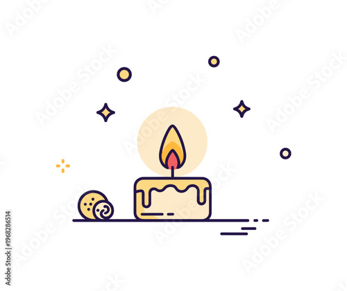 Candle flame flickering cozy home scene where a single candle burns softly on a table while small sparkle and line icons emphasize warmth, calm, and gentle