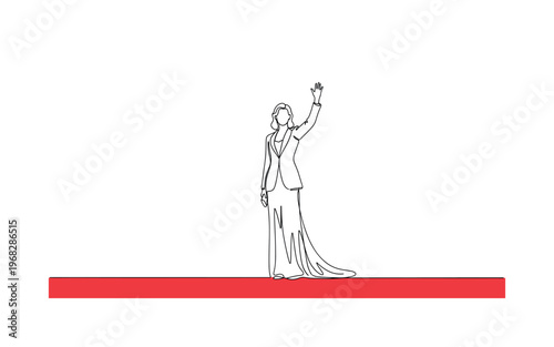 Film Star Pose. Minimalistic one-line drawing glamorous person standing and waving on red carpet, continuous single black line on white background, simple