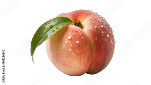 Ripe juicy peach with fuzzy skin and vibrant green leaf, isolated on transparent background for healthy food advertising and recipes
