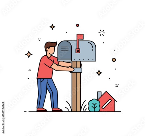 Replacing the mailbox backyard repair scene where a person secures a new mailbox post while tiny sparkle and star icons highlight effort, precision, and