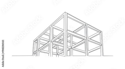Metal Construction. Minimalistic one-line drawing metal beams forming simple architectural structure, continuous single black line on white background, simple