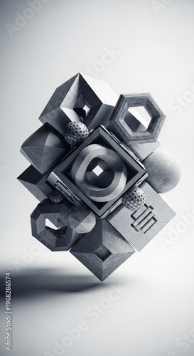 Geometric Abstract Composition with Cubes and Shapes.