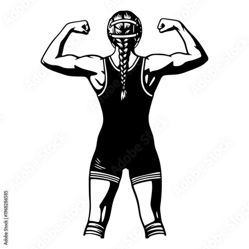 Canvas Print Strong Female Wrestler In Singlet Flexing Muscles From Behind, Woman Athlete Bod