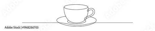 Teacup and saucer on a continuous baseline. cup, saucer, coffee, tea, hot beverage, drinkware, hospitality. flat vector illustration isolated on white background.