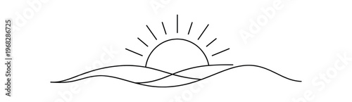 Sunrise over rolling hills. sun, horizon, morning, rays, landscape, calm, nature, dawn, scenic, horizon line. flat vector illustration isolated on white background.