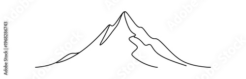 Mountain range simple line drawing. peak, summit, alpine, hiking, landscape, nature, outdoor, ridge, snowcap. flat vector illustration isolated on white background.